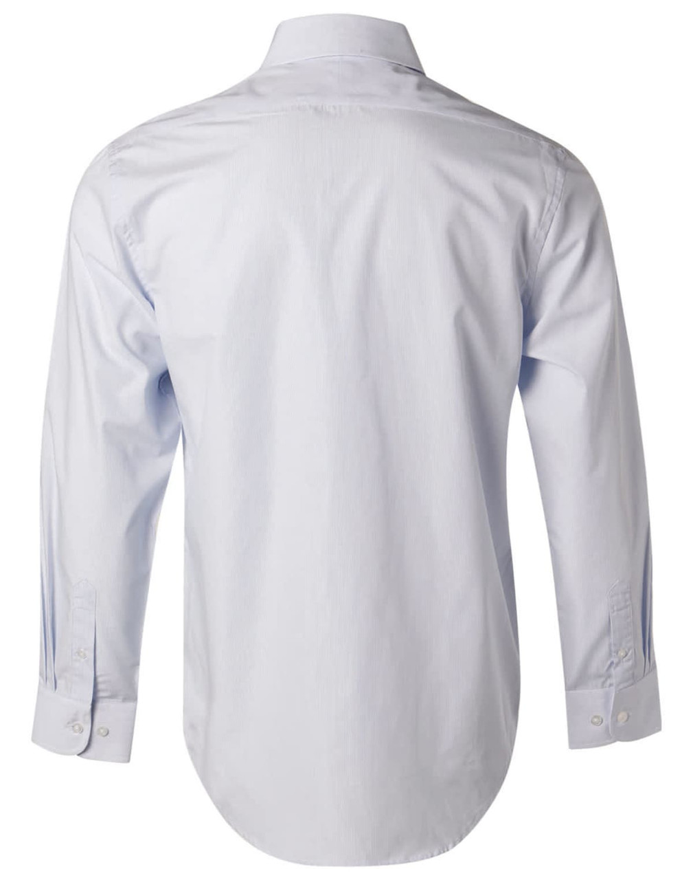 A light blue long-sleeve button-up shirt with a classic collar and a logo on the back.