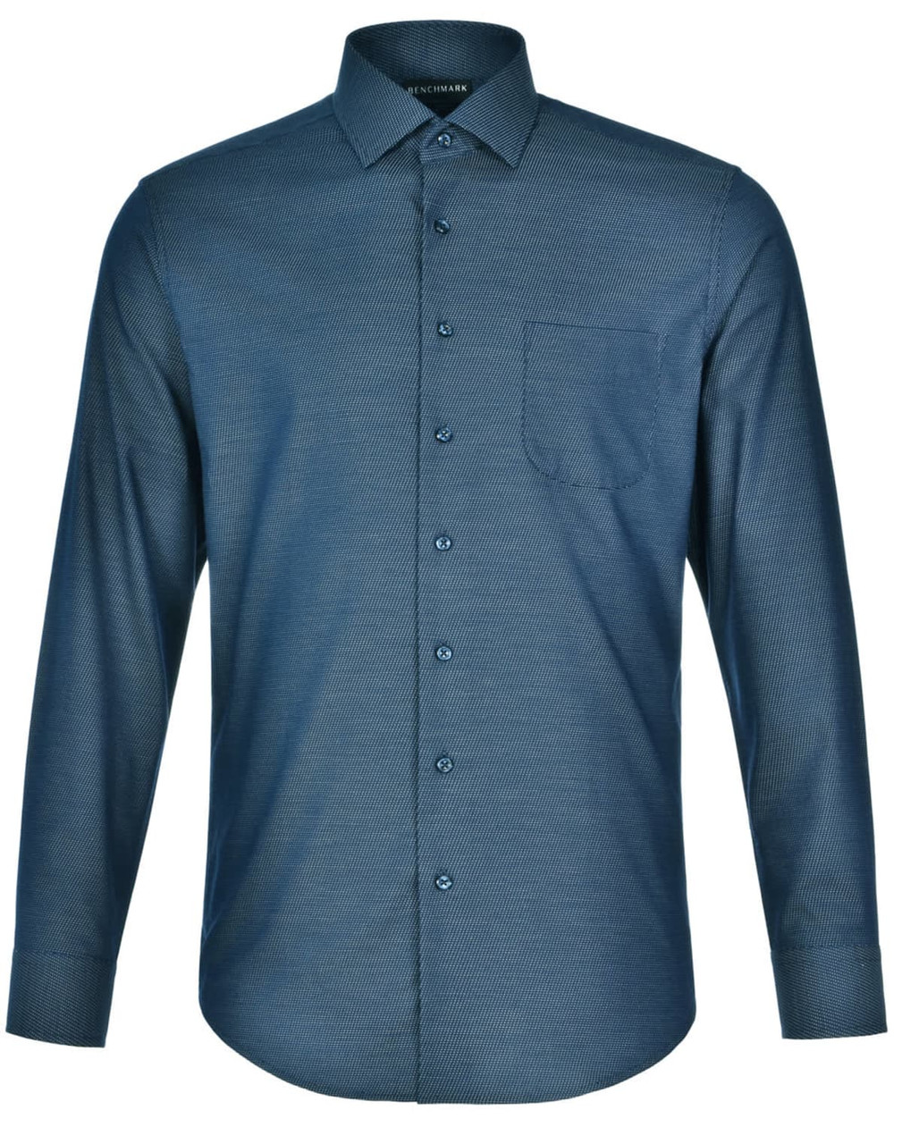 Men's long-sleeve button-up shirt in dark blue with a pin dot pattern and a single chest pocket. Features a logo on the collar.