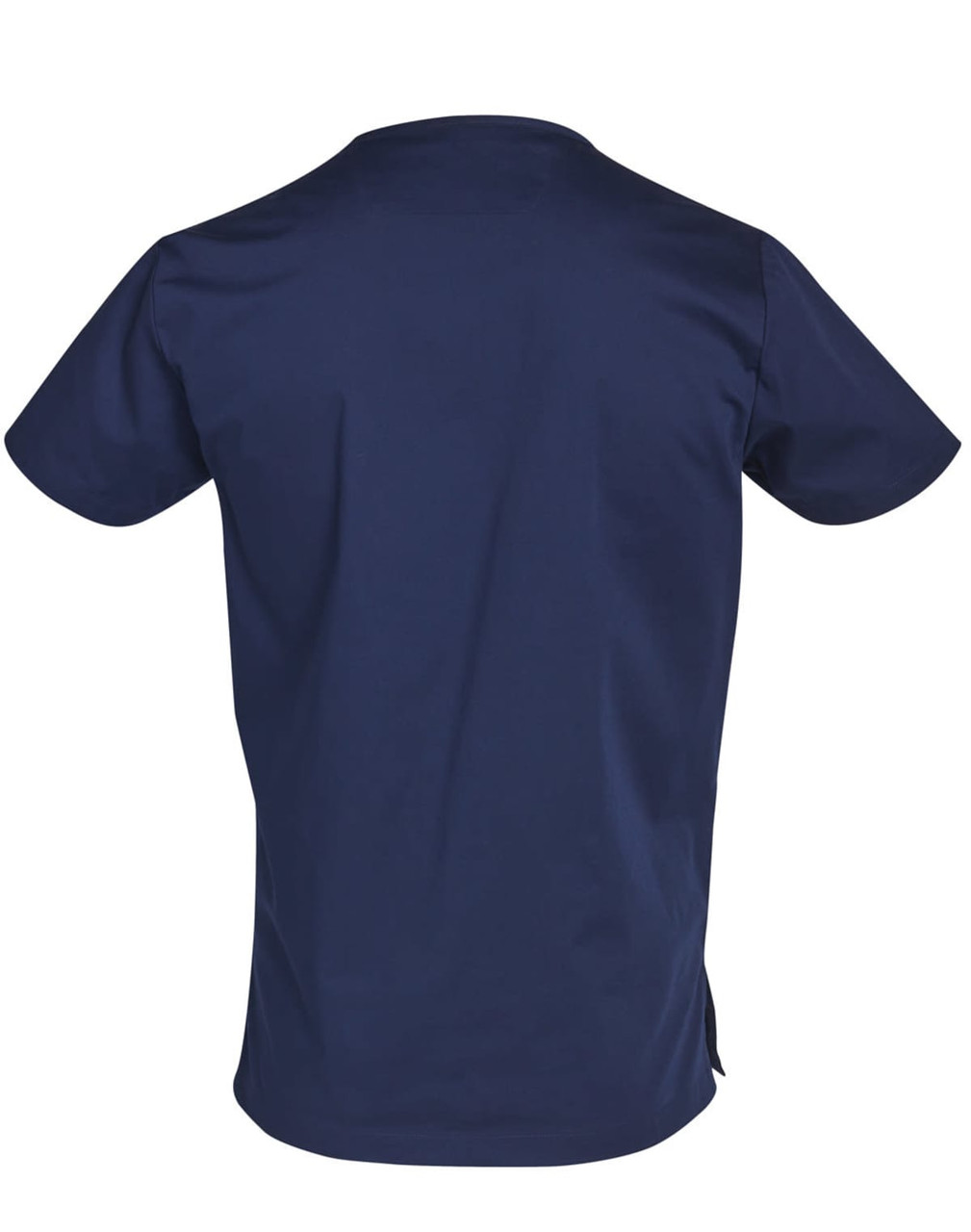 A navy blue men's scrub top featuring a simple design and contrasting colour elements on the side.