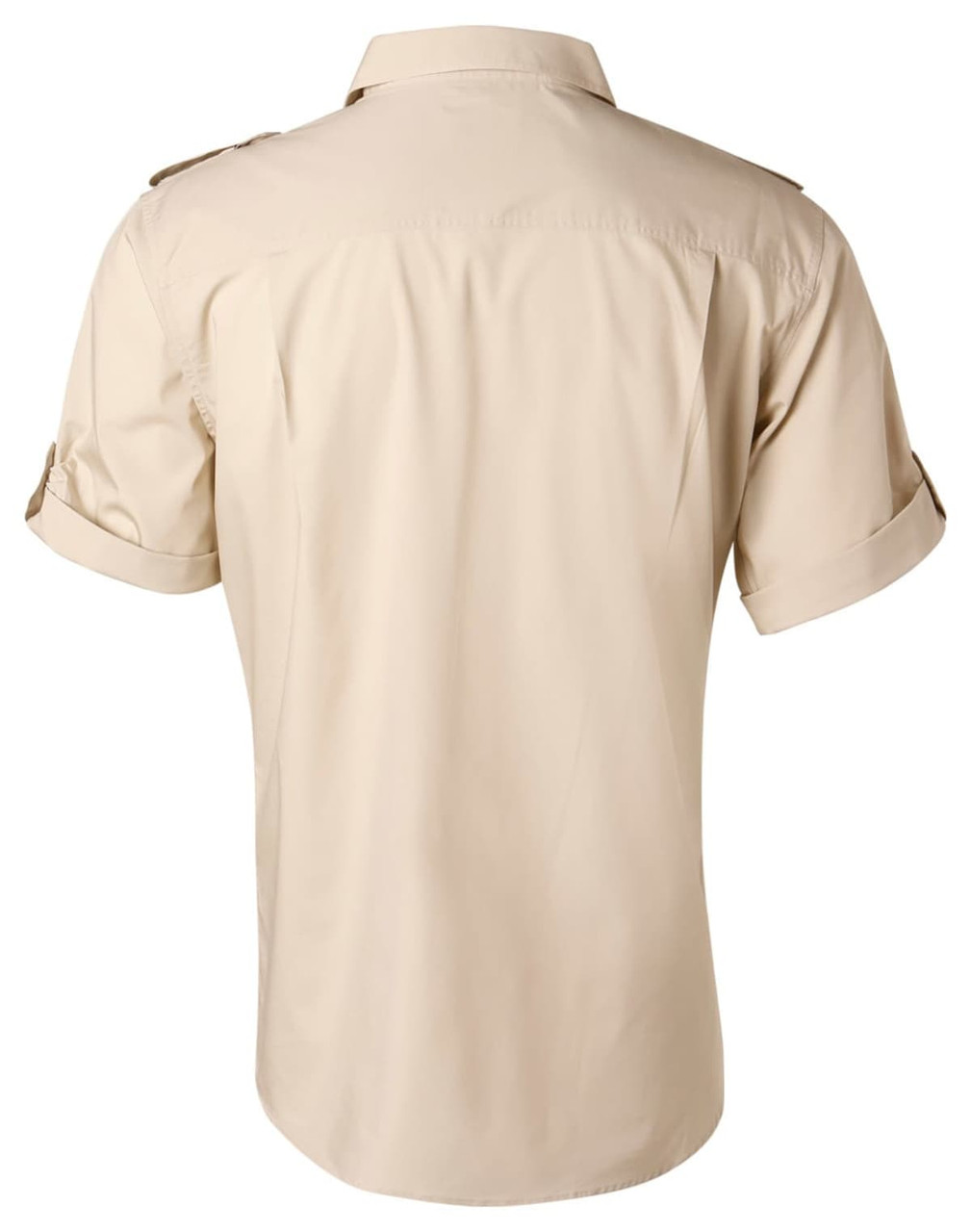 A beige men's short sleeve military shirt with rolled sleeves and shoulder epaulettes, featuring a logo.