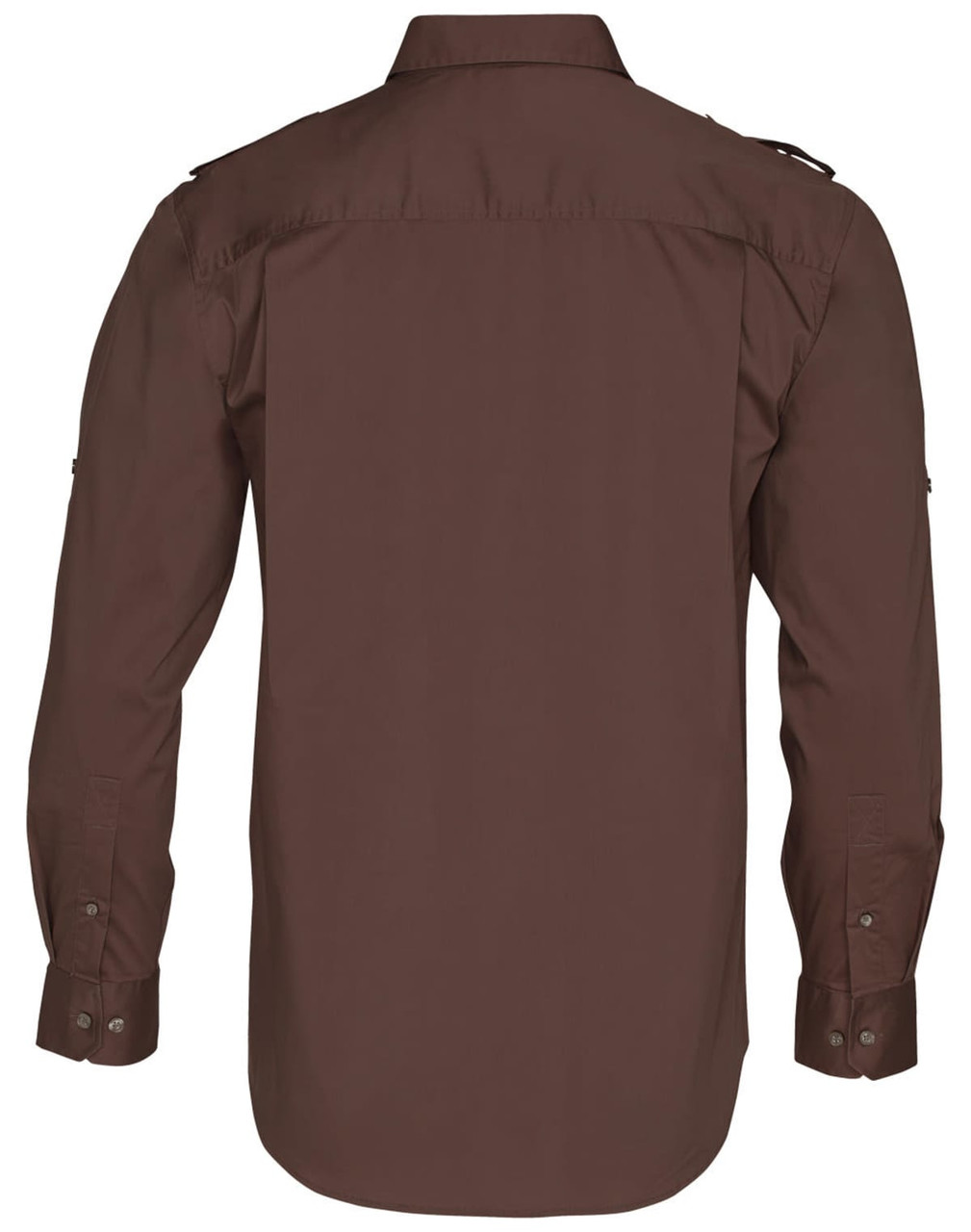 A brown long sleeve military shirt with button-up front and shoulder epaulettes. Features a logo on the shirt.