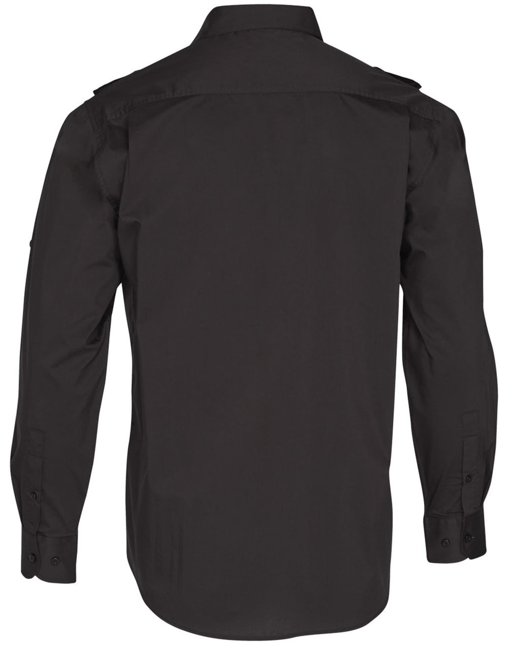 A black long sleeve military shirt featuring a button-up design and shoulder epaulets, with a logo on the sleeve.