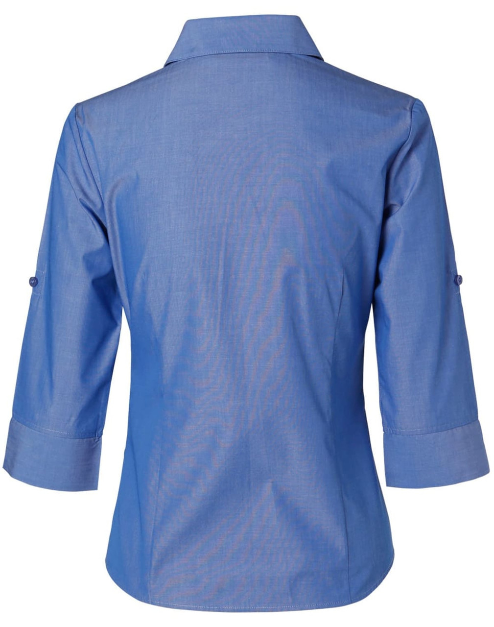 A blue women's button-up shirt with 3/4 sleeves, featuring a collar and rolled-up cuffs. The shirt has a logo.