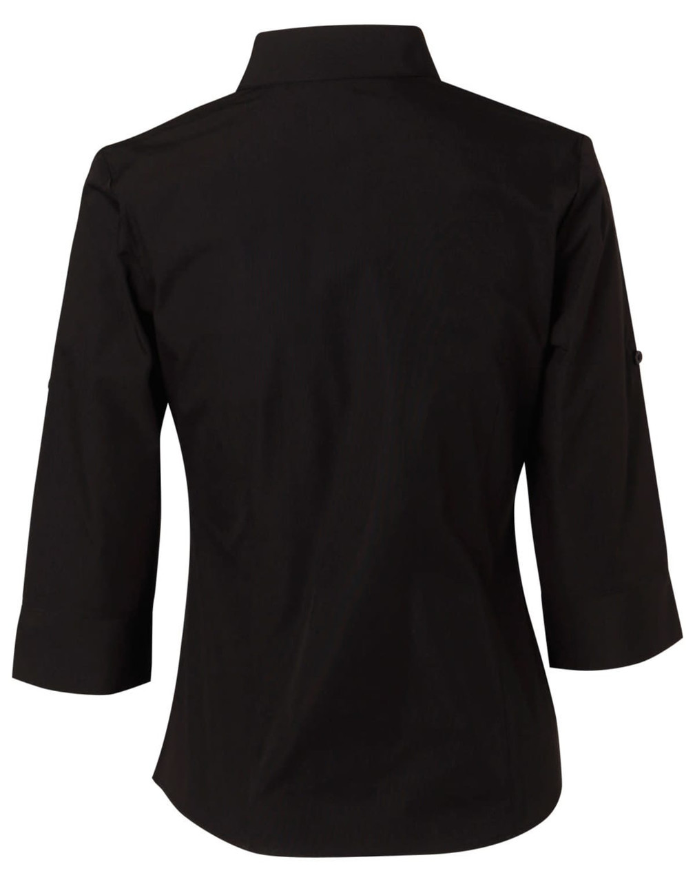 A black women's button-up shirt with 3/4 sleeves and a collar, featuring a logo on the back.