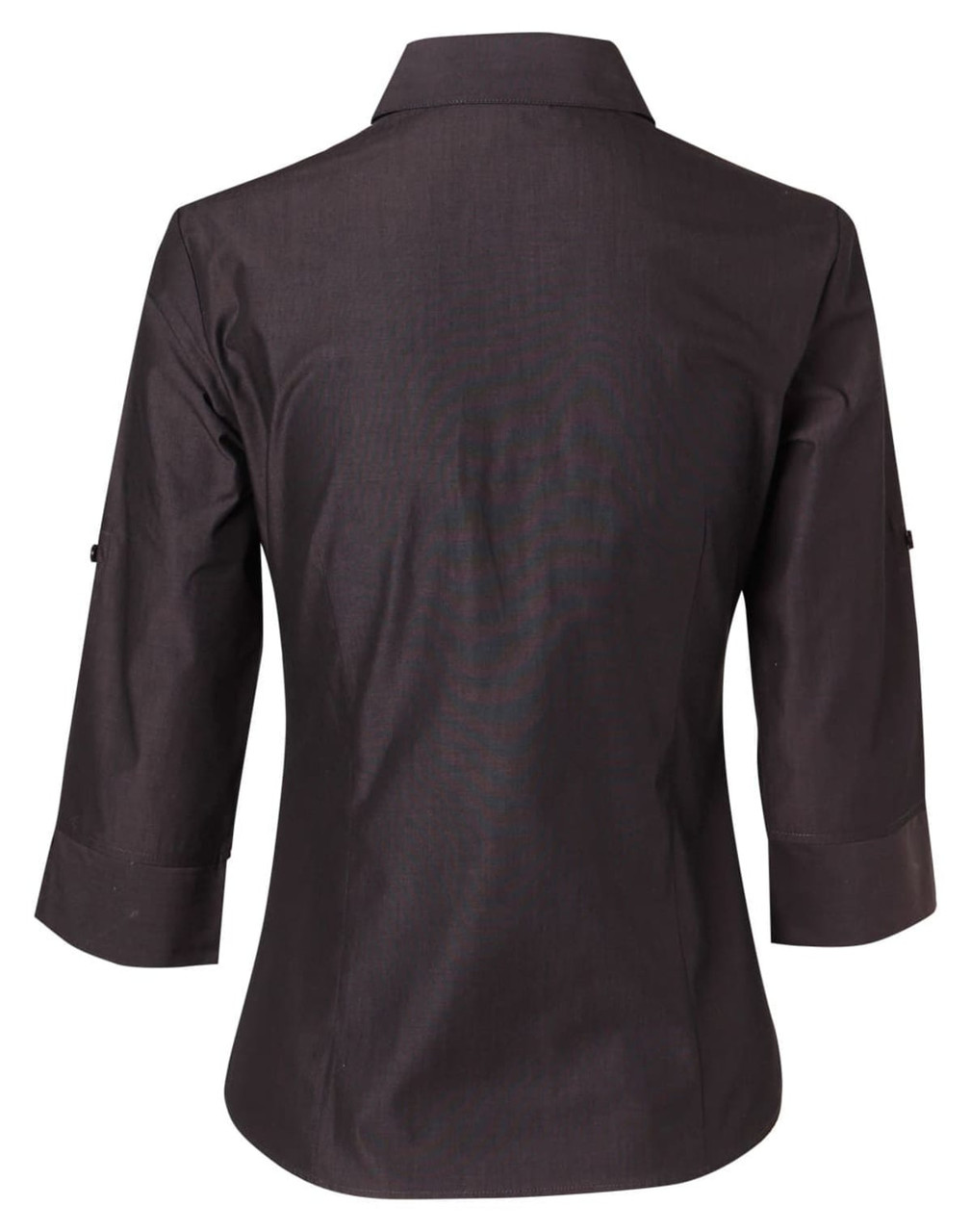A women's 3/4 sleeve button-up shirt in dark colour, featuring a back view with rollable sleeves. Includes a logo.