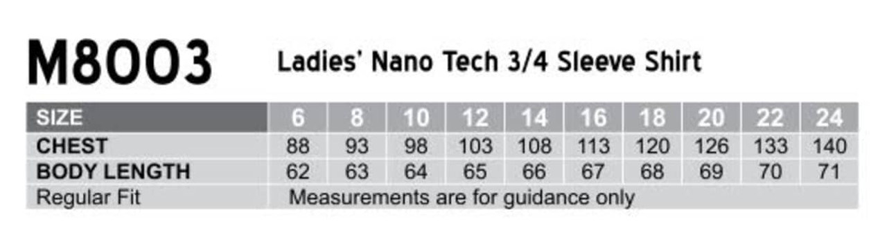 A table displaying size measurements for the Women's Nano Tech 3/4 Sleeve Shirt, including chest and body length.