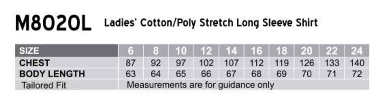 A table displaying sizing information for a women's cotton/poly stretch long sleeve shirt in various sizes.