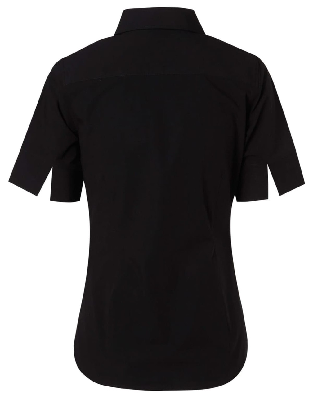 A black women's short-sleeved button-up shirt with a standard collar and a logo.
