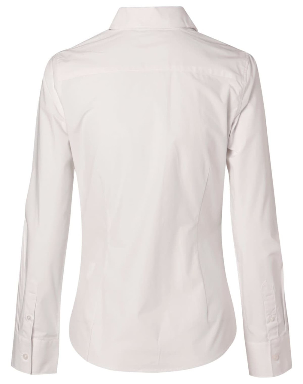 A women's long-sleeve button-up shirt in a light colour, featuring a fitted design and a back yoke. It has a logo.