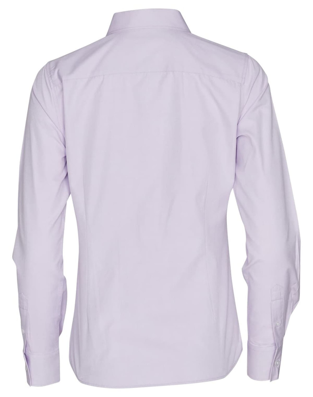 A lilac women's button-up shirt featuring long sleeves and a back view design, with a logo present.