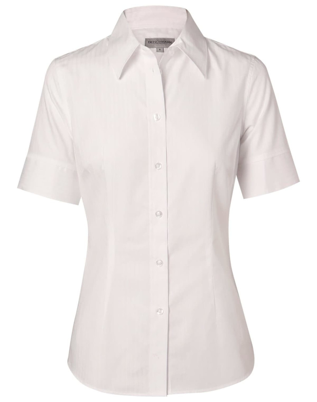 A short-sleeved women's button-up shirt in white with a self-stripe pattern and a collar. Features a logo on the label.