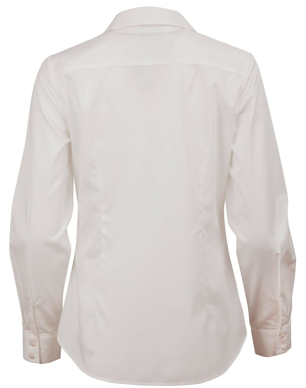 A white ladies' button-up shirt featuring a dobby stripe design and long sleeves, with a plain back view.