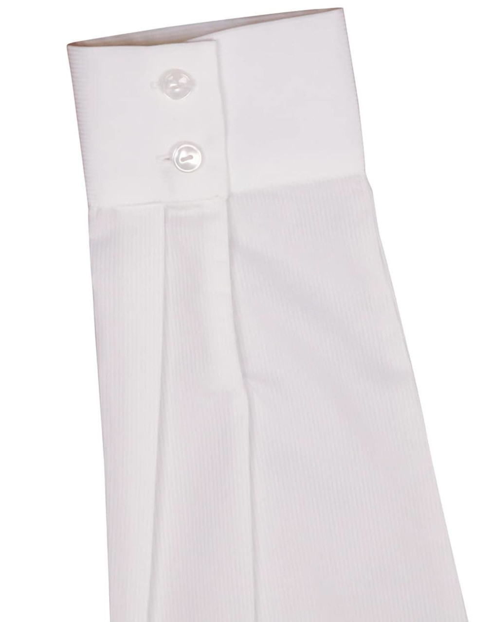 A white striped long-sleeve shirt featuring a button-up collar and two buttons on the cuff. It includes branding details.