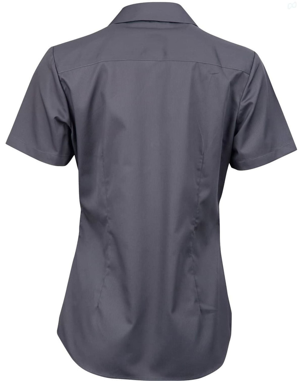 A short-sleeved button-up shirt in dark grey with a fitted silhouette and a subtle striped pattern.