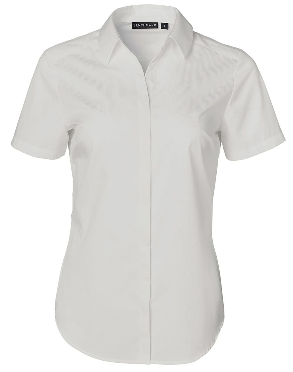 A white short-sleeved button-up shirt featuring a dobby striped pattern and a logo on the collar.