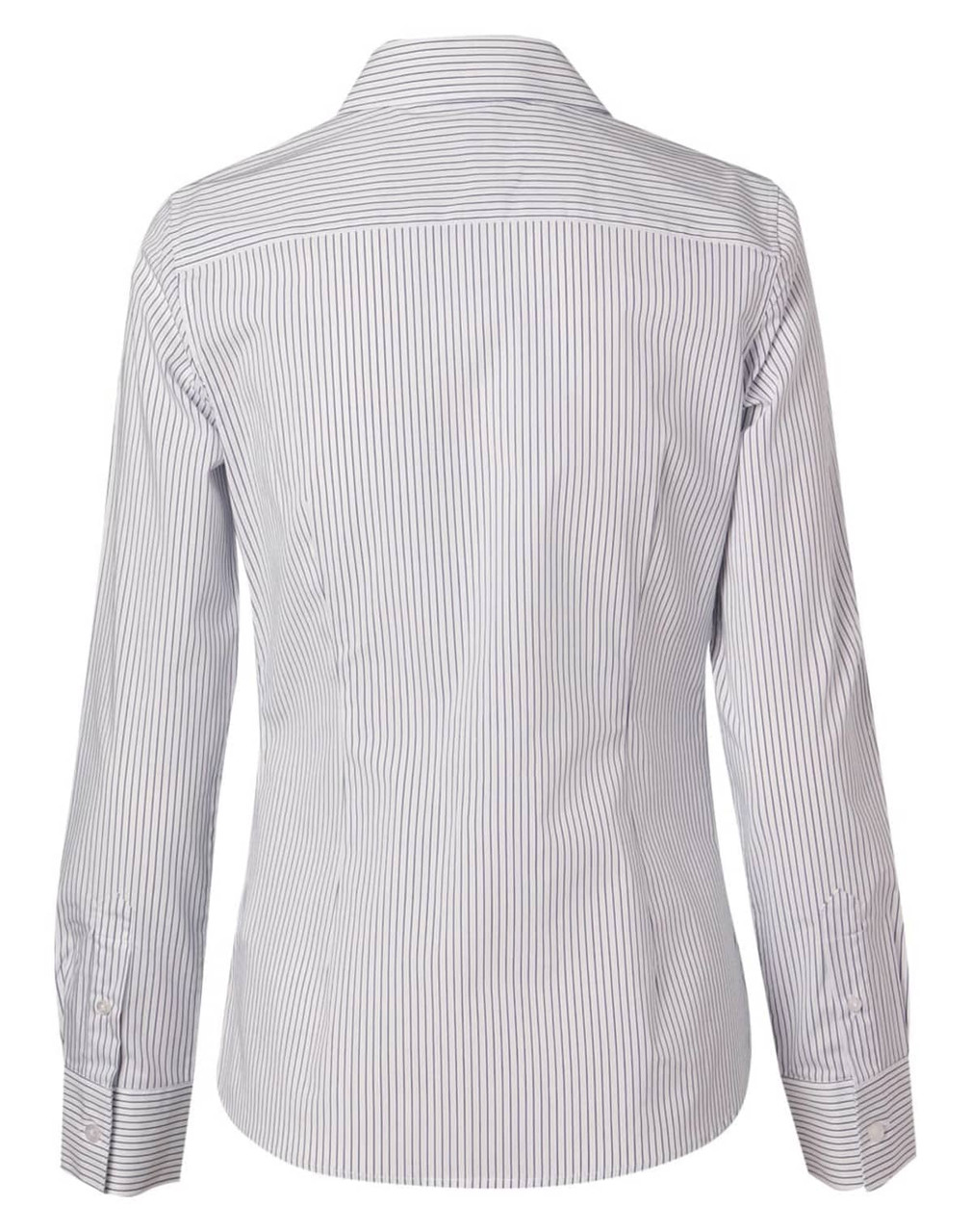 A button-up shirt in white and navy ticking stripes with long sleeves and a classic collar. Features a logo.