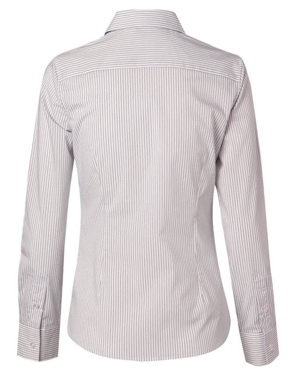A women's long-sleeve button-up shirt featuring a grey and white ticking stripe pattern, with a collared neck and back yoke.