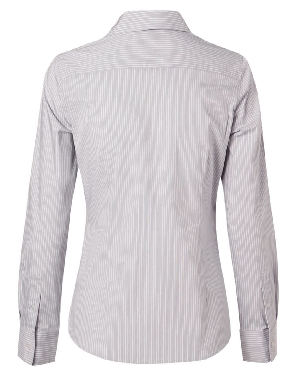 A women's long-sleeve button-up shirt in light blue and white ticking stripes, featuring a collar and back yoke.