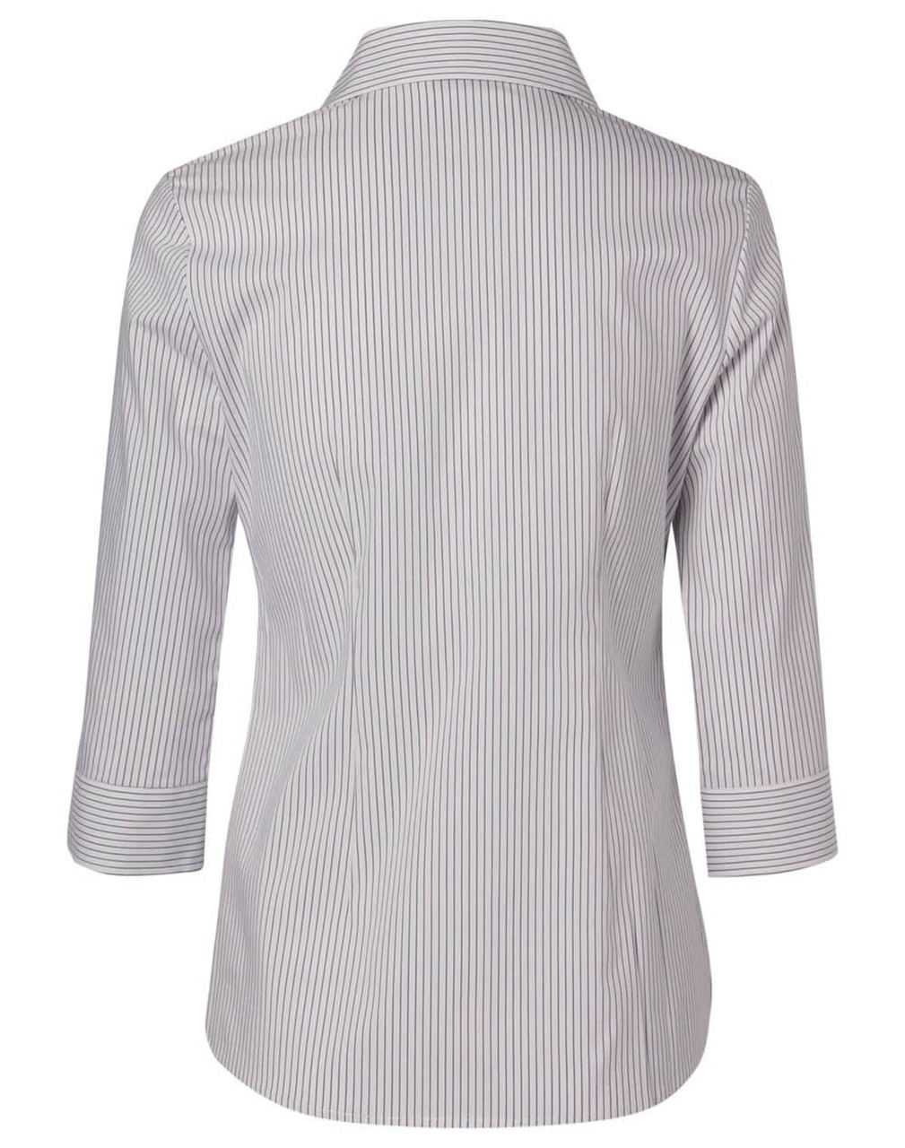 A women's button-up shirt featuring a ticking stripe pattern in grey and white, with 3/4 sleeves and a classic collar.