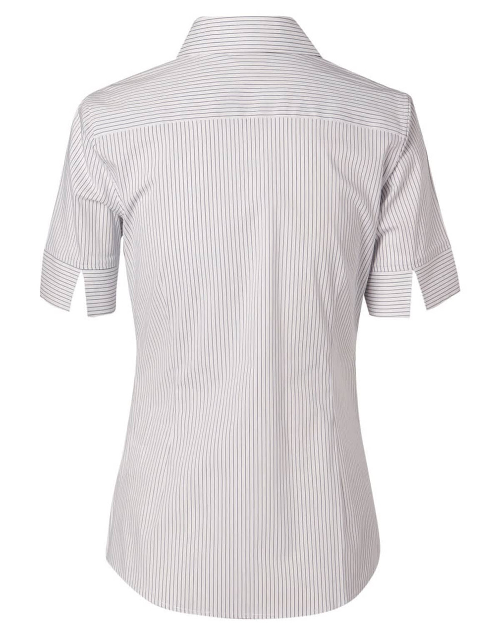 A women's short-sleeve button-up shirt in a ticking stripe pattern, featuring light grey and white colours.