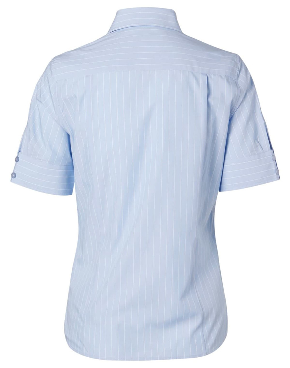 A light blue women's pinstripe short sleeve button-up shirt with a back view and decorative buttons on the sleeves.