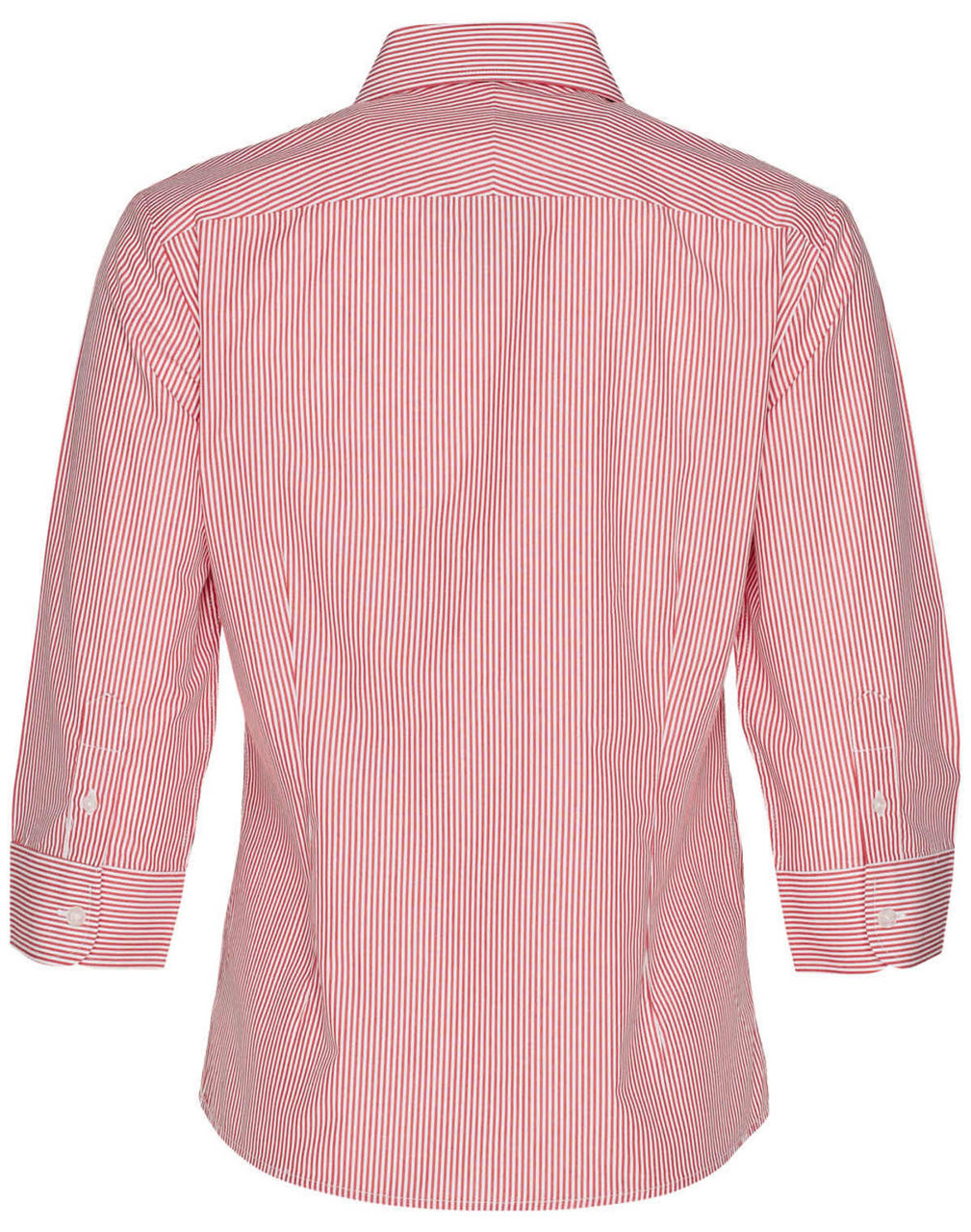 A women's 3/4 sleeve button-up shirt featuring red and white stripes, with a classic collar and a logo.