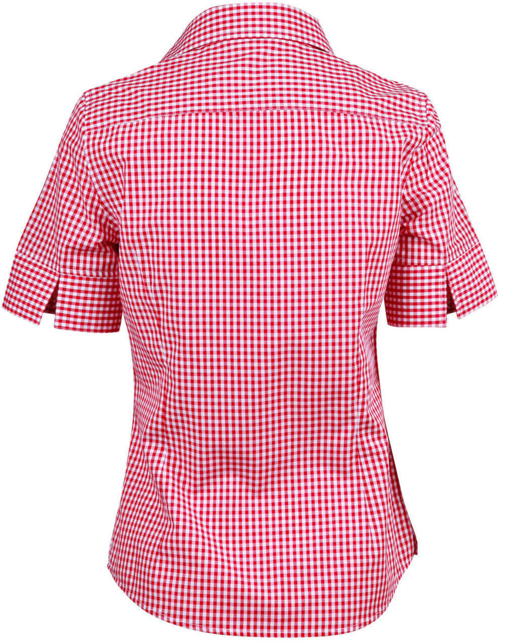 A short-sleeved women's button-up shirt in a red and white gingham check pattern, featuring a back view.