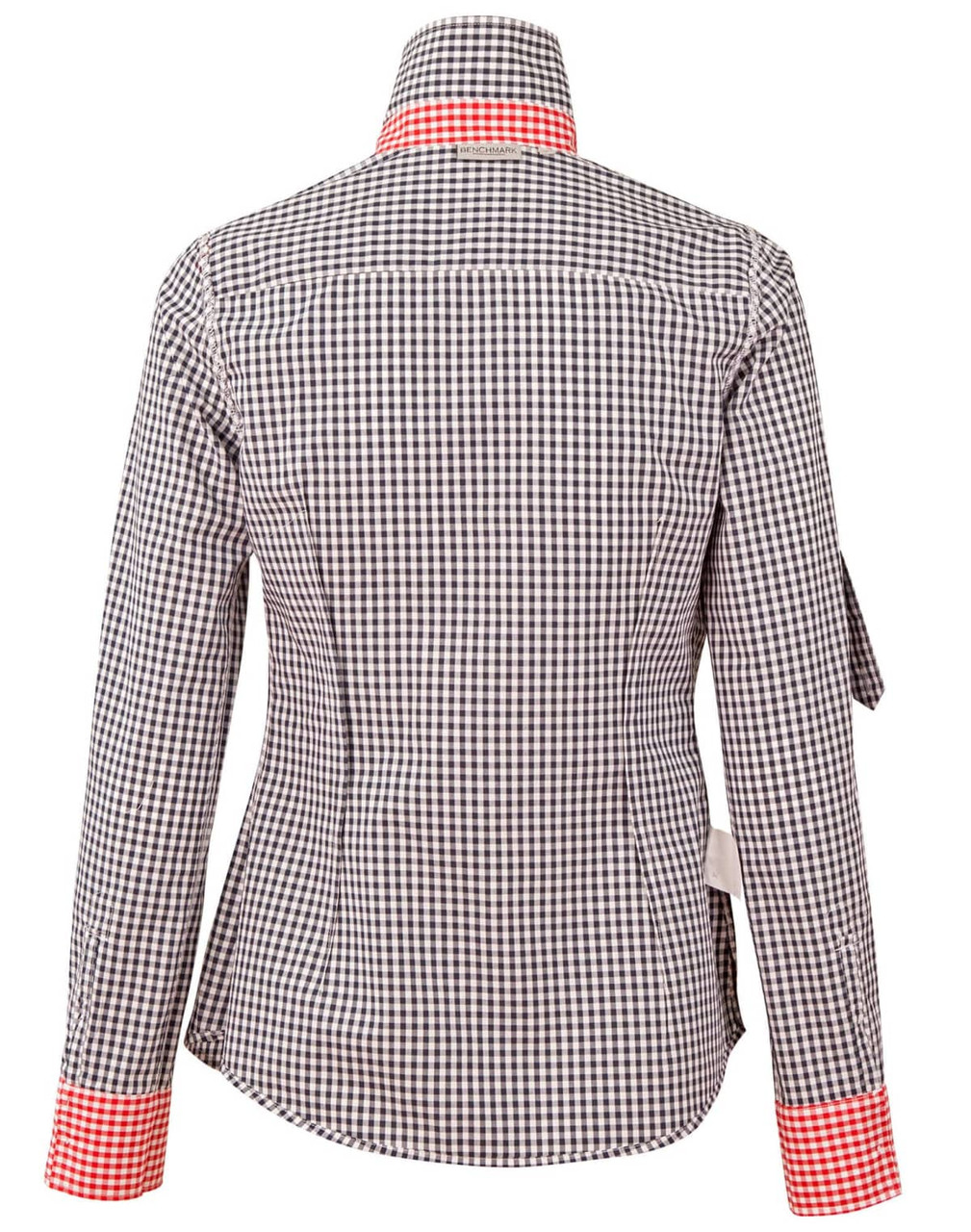 A women's roll-up long sleeve shirt in black and white gingham check with orange accents on the collar and cuffs.