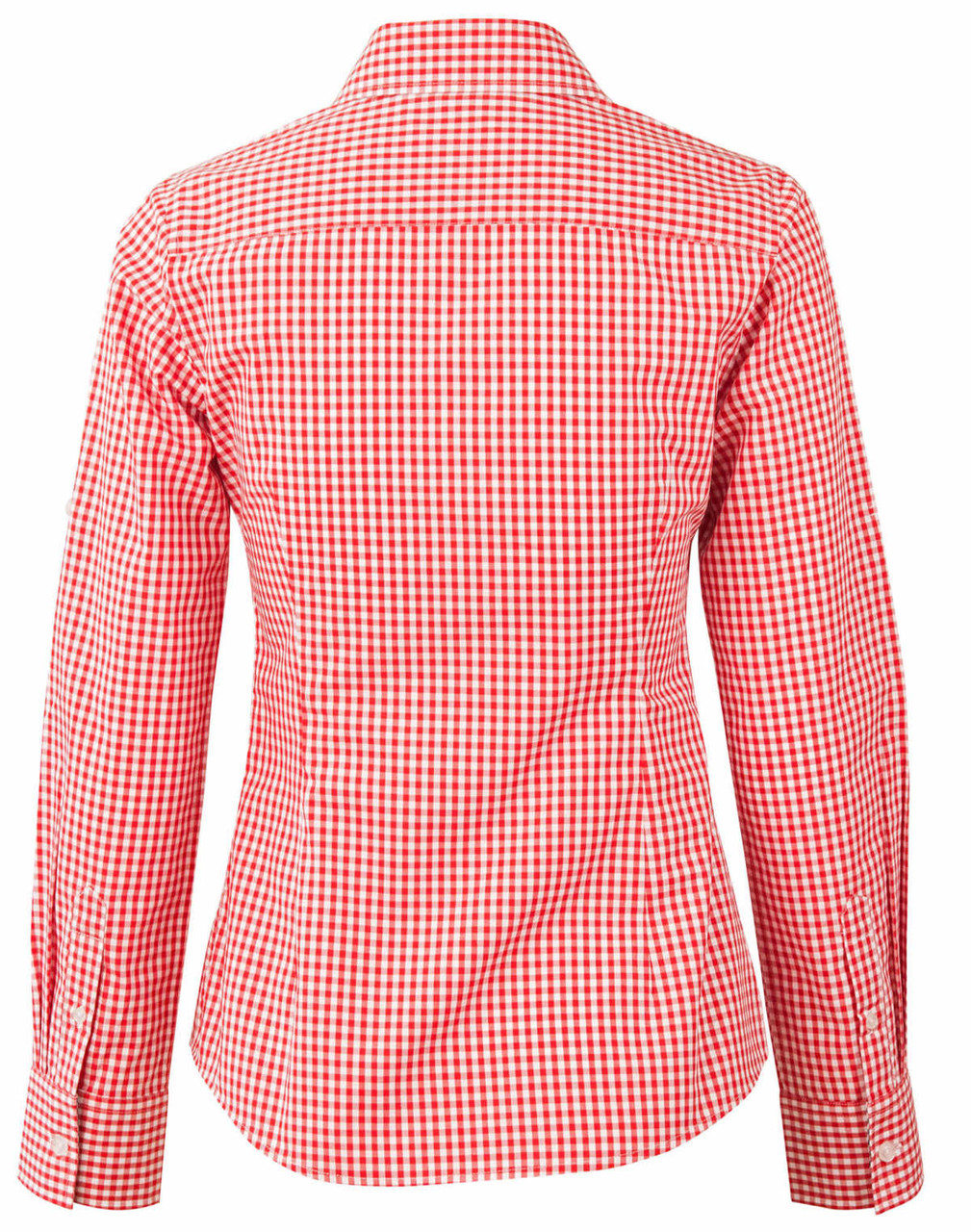 A red and white gingham check women's roll-up long sleeve shirt with a fitted back design.