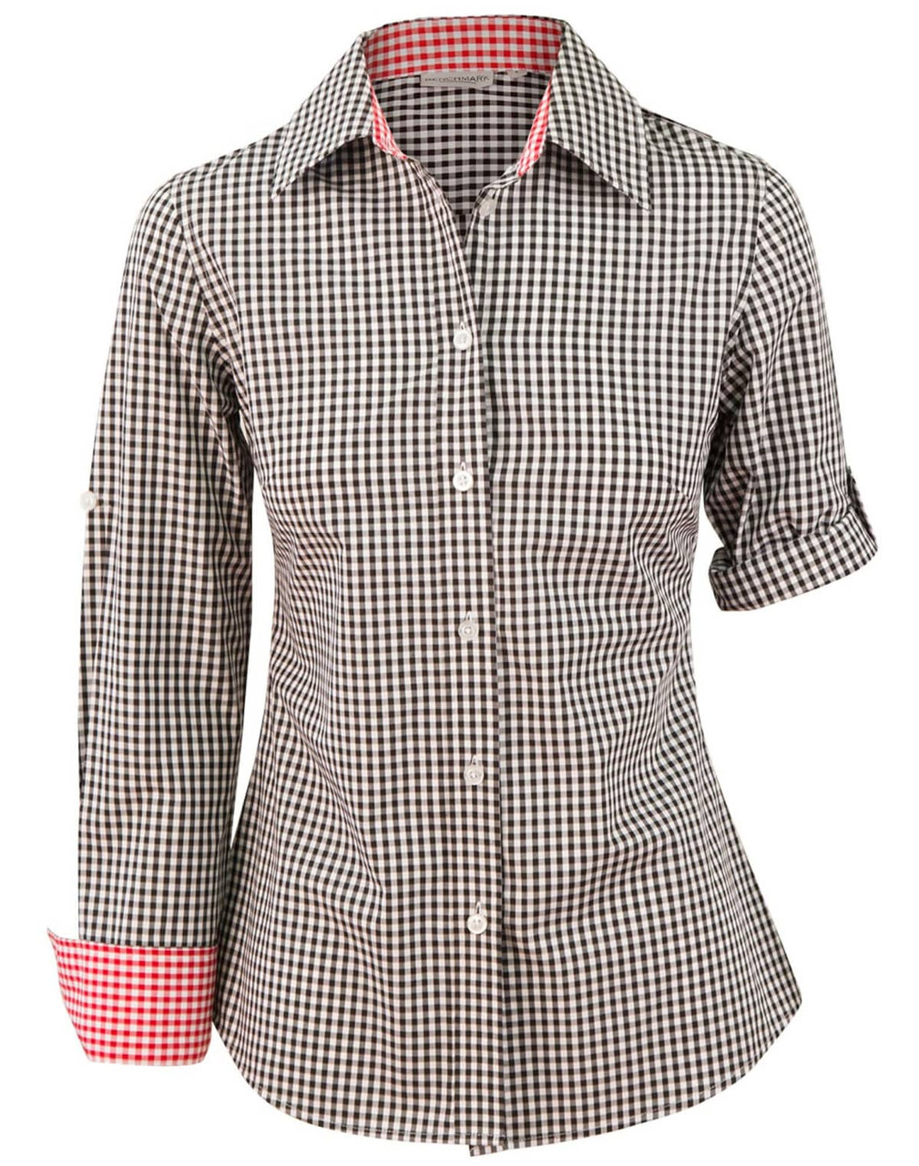 A women's long-sleeve button-up shirt in black and white gingham check with red accents on the cuffs.