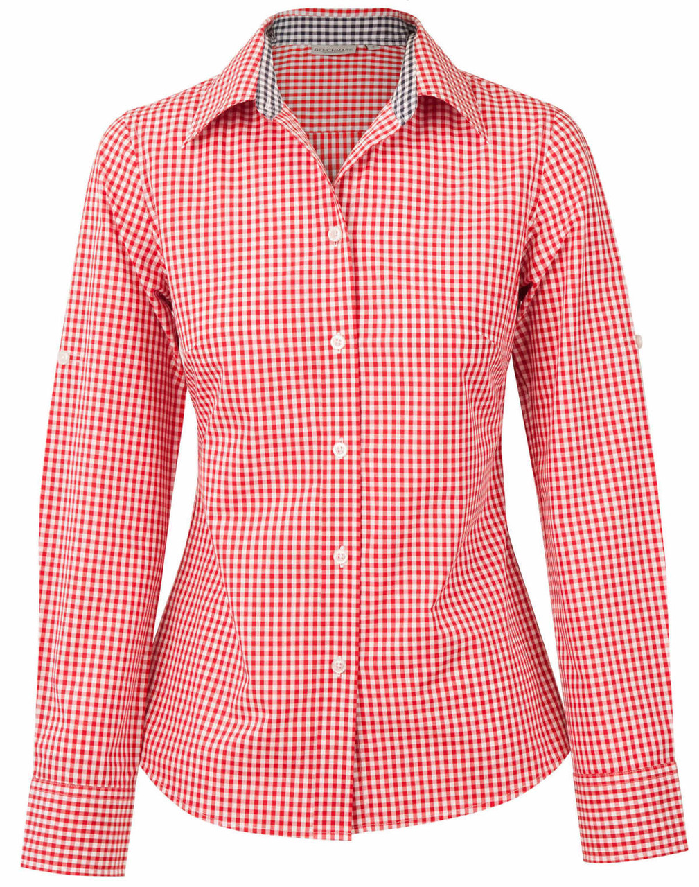A red and white gingham check roll-up long sleeve shirt with a button-up front and a collar.