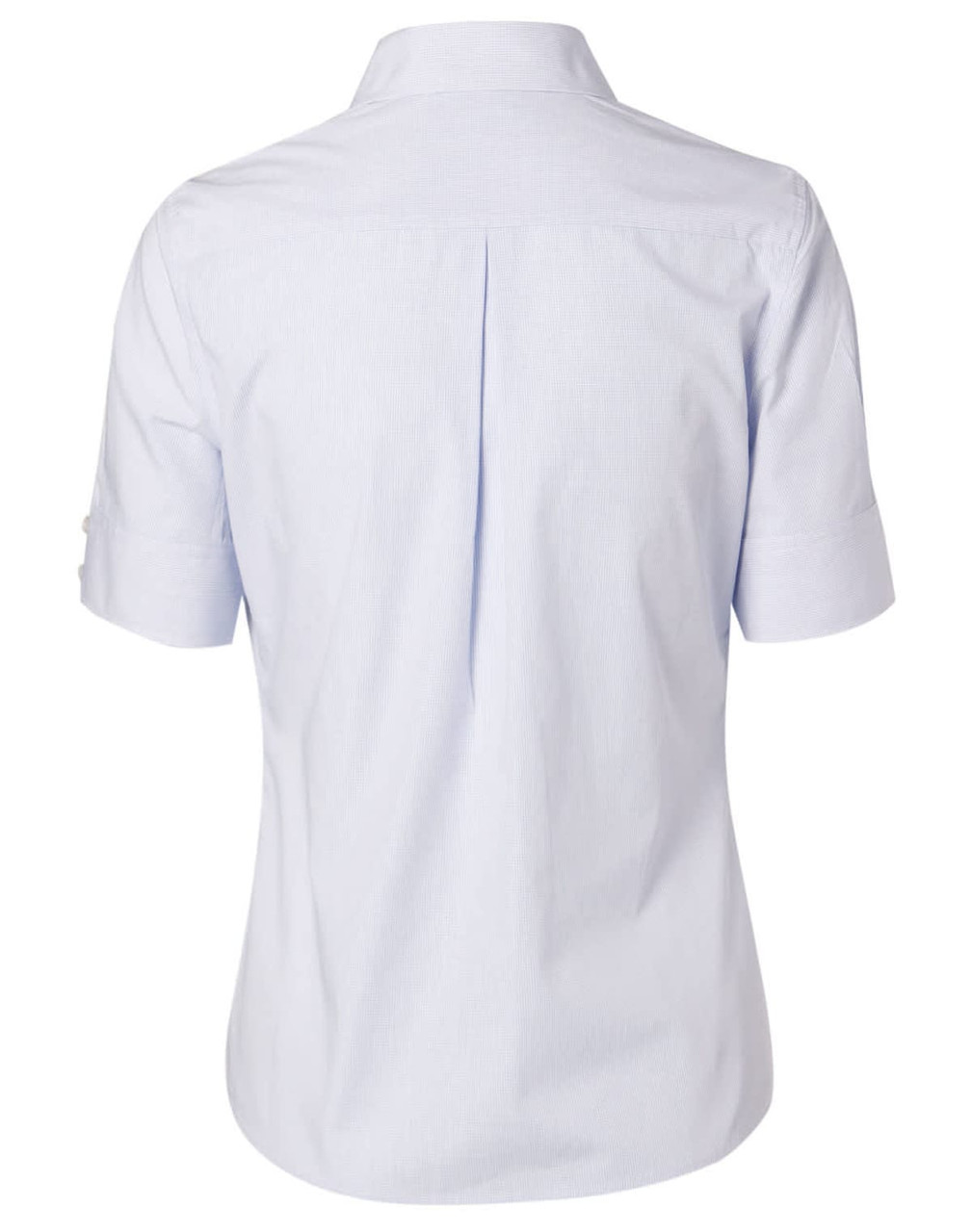 A light blue women's button-up shirt featuring short sleeves and a back pleat, with a logo on the label.