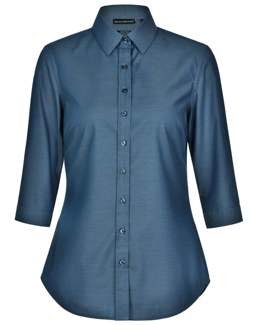 A blue ladies' button-up shirt featuring a pin dot design and 3/4 sleeves, with a collar and a logo.