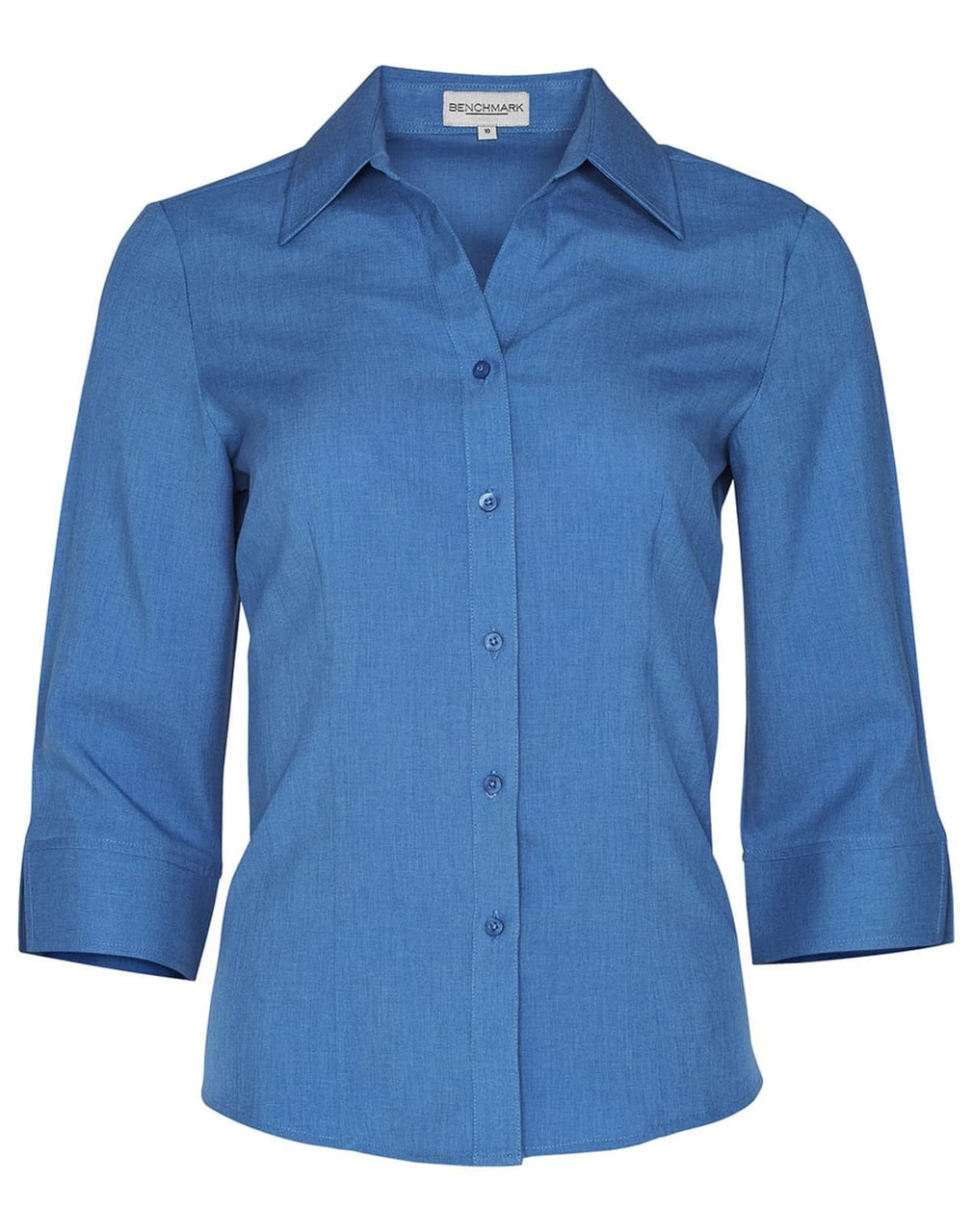 A blue women's 3/4 sleeve shirt with a collar and button-up front, featuring a logo on the chest.