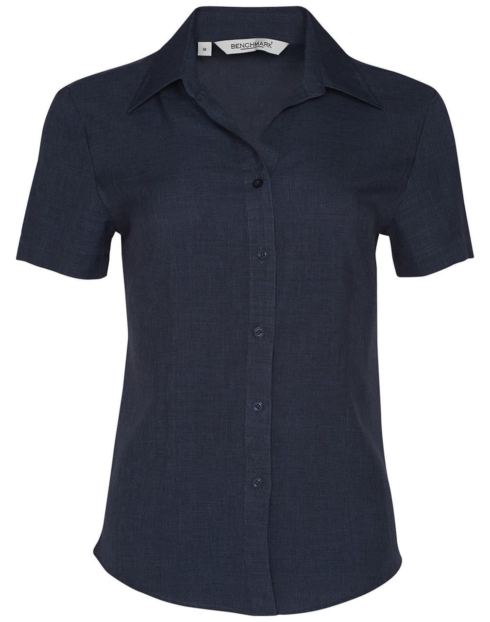 A navy short sleeve women's shirt with a collared neckline and button-up front, featuring a branding logo.