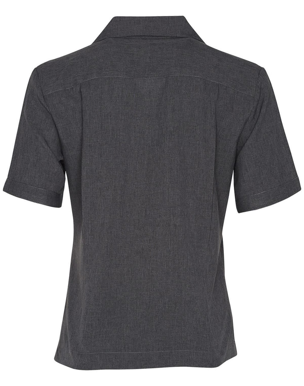 A charcoal grey women's short sleeve overblouse with a collar and a streamlined back design.