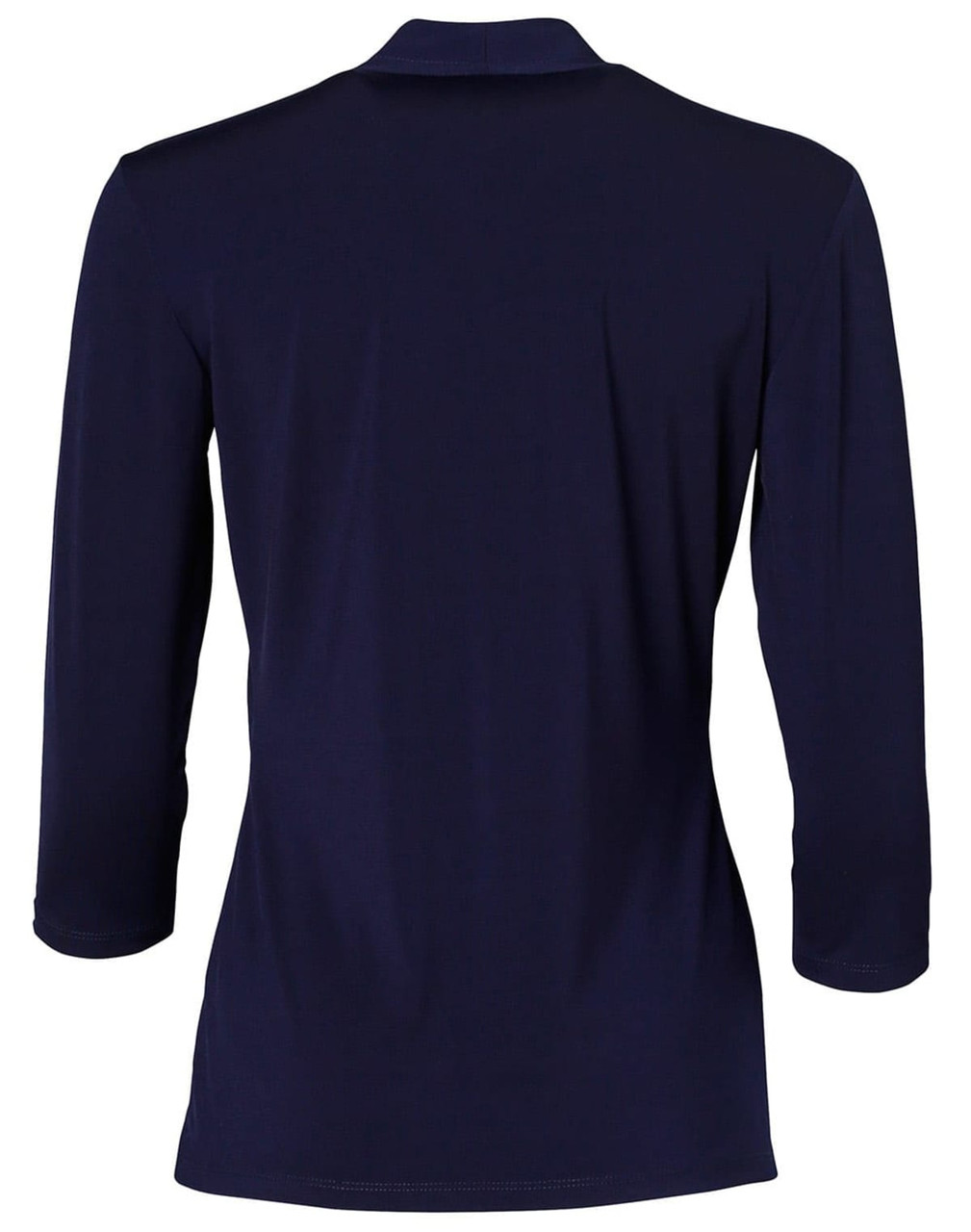 A navy blue mid-sleeve knit top featuring a shawl collar and a logo on the back.