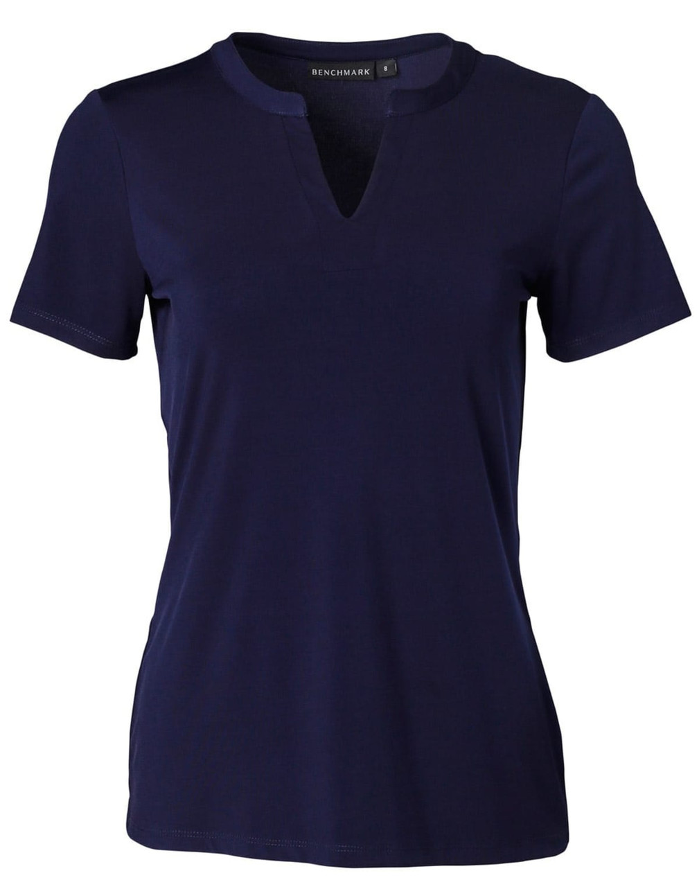 A navy blue ladies' V-neck short sleeve knit top with a tab detail and a logo.