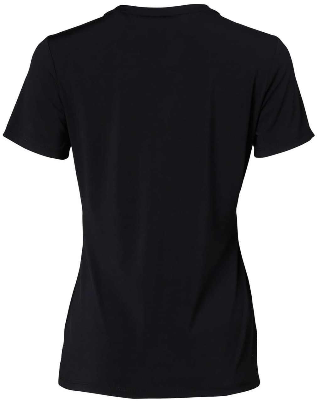 A black ladies’ V-neck short sleeve knit top, featuring a simple design and a logo on the back.