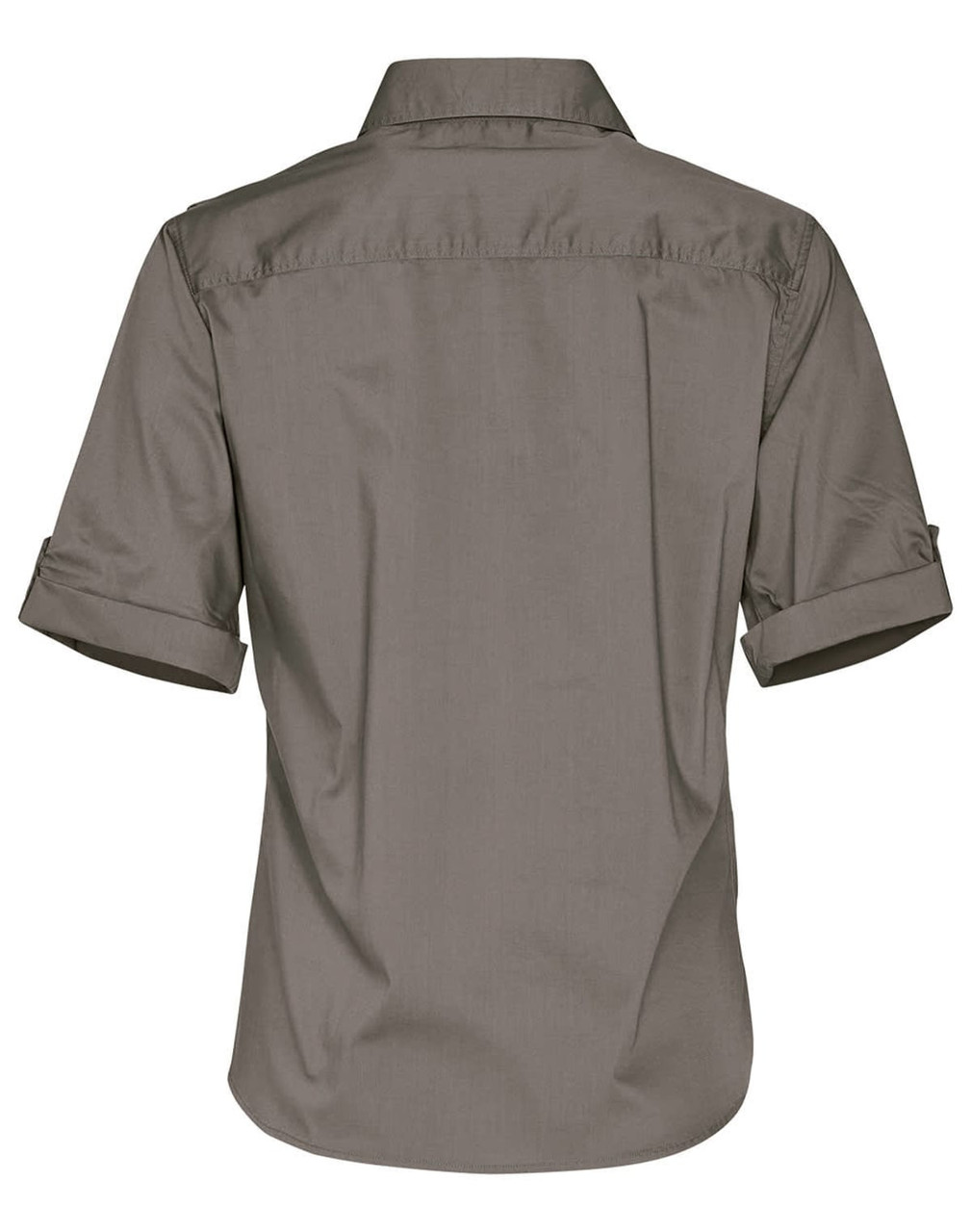 A women's short sleeve military shirt in olive green with rolled-up sleeves and a back view. Features a logo.