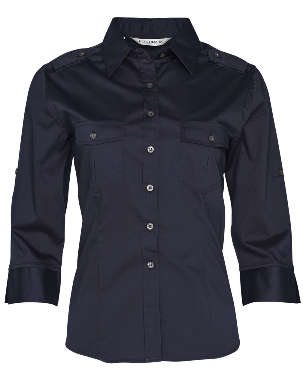 A navy women's 3/4 sleeve military shirt features buttoned pockets and a collared neckline. It has a logo on the label.