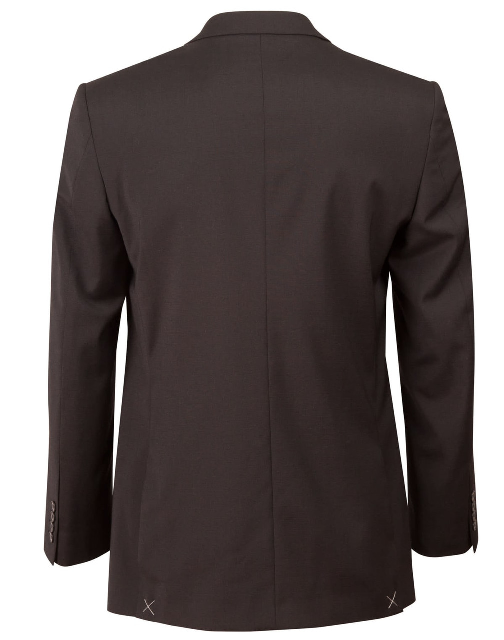 A Men's two-button jacket in dark brown wool stretch, featuring a tailored fit and long sleeves.