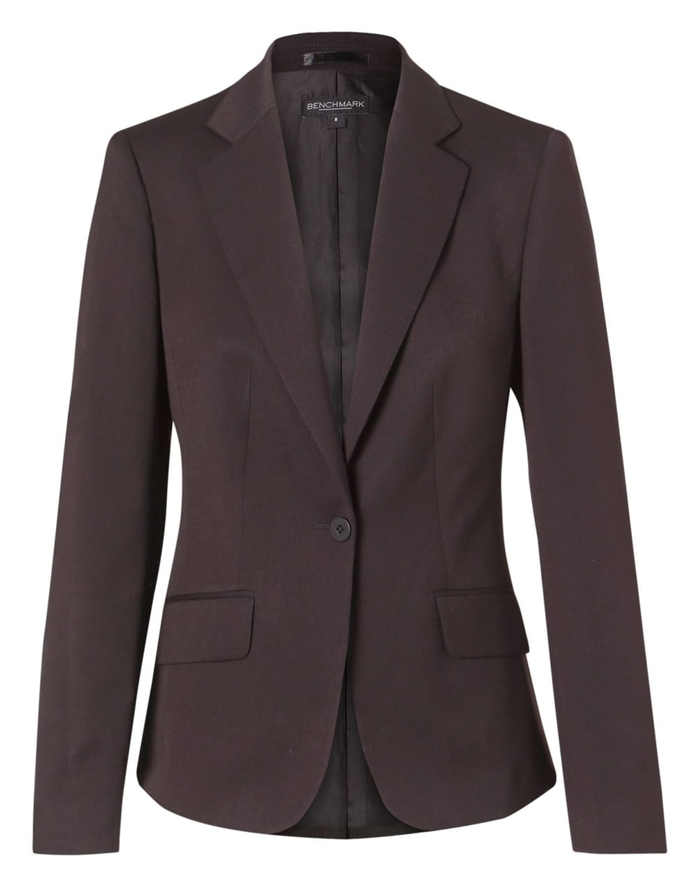A women's cropped blazer in dark brown with a single button, featuring a sleek, tailored design.