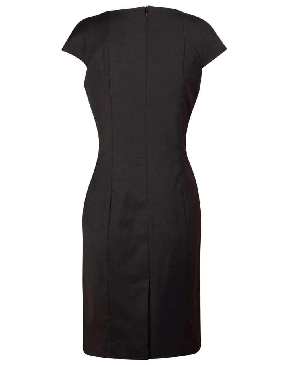 A fitted black wool blend dress with cap sleeves and a back zipper. The dress features tailored seams and a sleek silhouette.