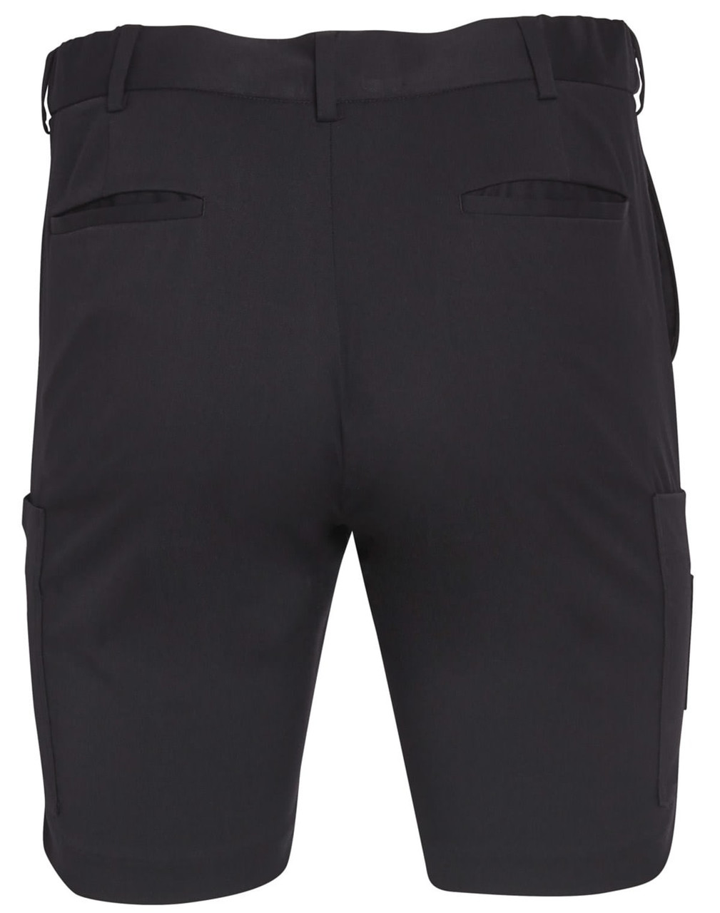 Men's black utility cargo shorts featuring pockets on the sides and back, designed for practicality.