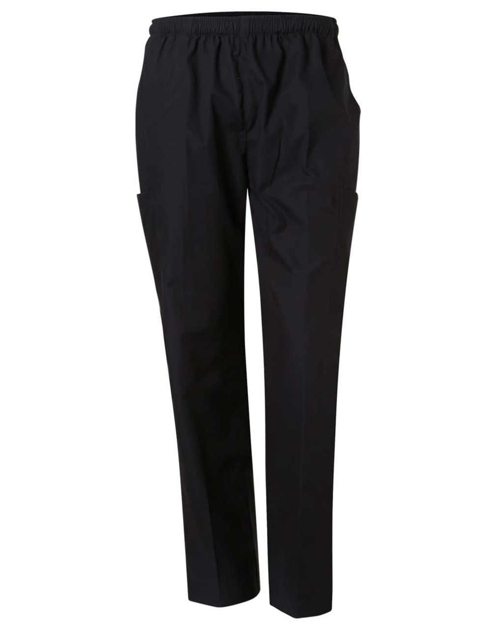 Unisex scrub pants in black, featuring an elastic waistband and two side pockets.