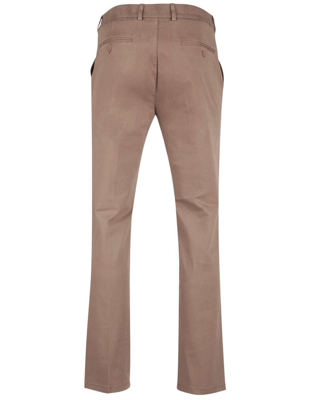 Men's chino pants in a light brown colour, featuring a smooth finish and back pockets. Includes branding on the label.