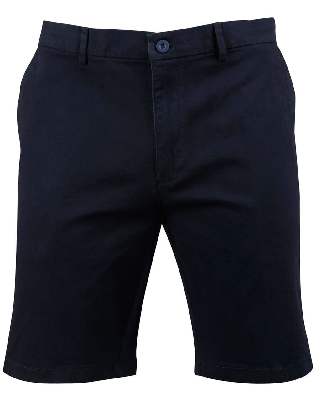 Men's stretch cotton chino shorts in navy, featuring a button closure and front pockets. Includes a logo.