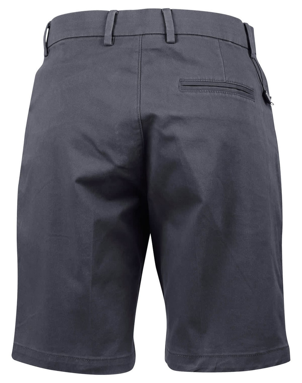 Ladies' stretch cotton chino shorts in dark grey, featuring a back pocket and belt loops. Includes a logo on the waistband.