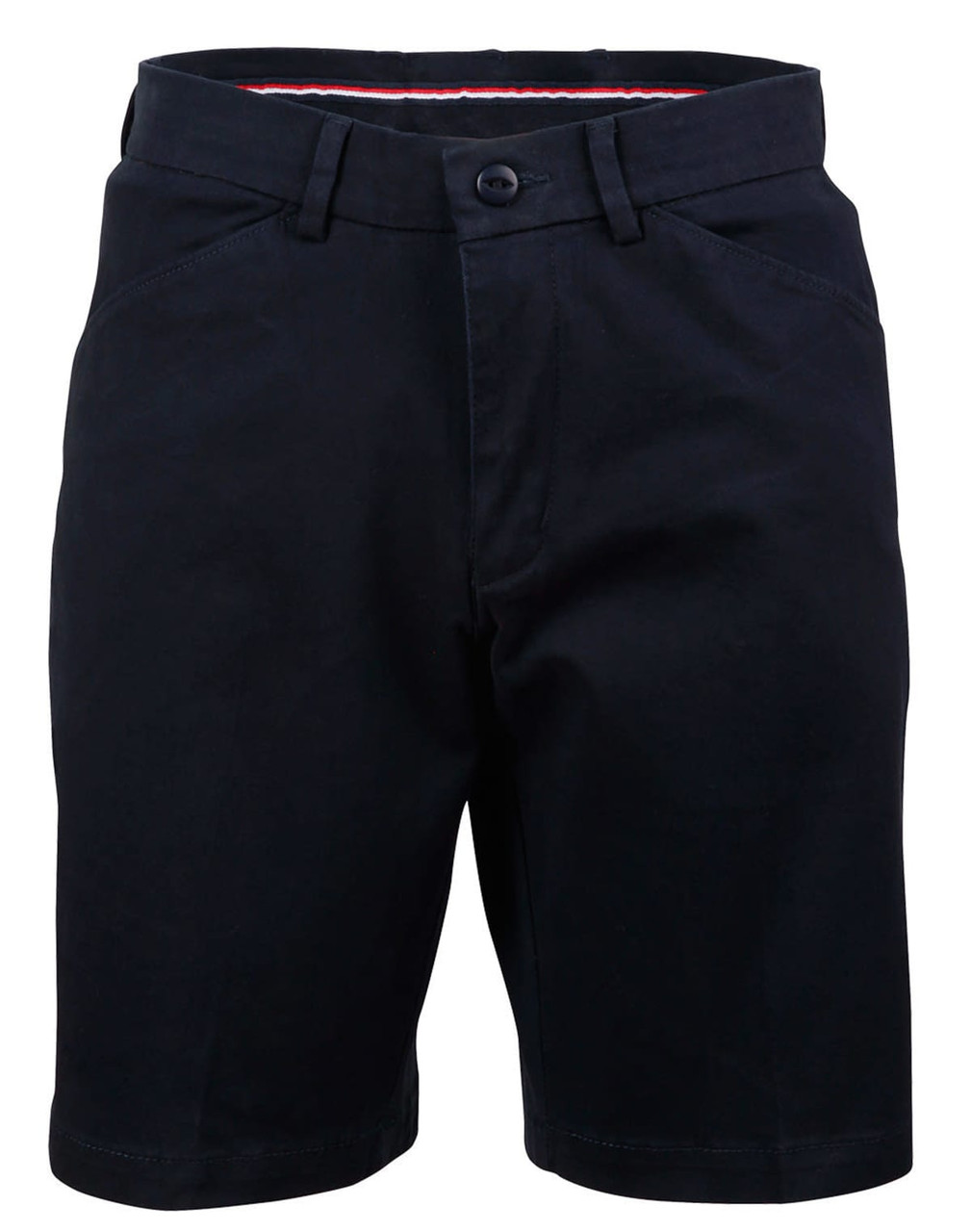 A pair of navy ladies' stretch cotton chino shorts with a button closure and pockets, featuring a branded logo.